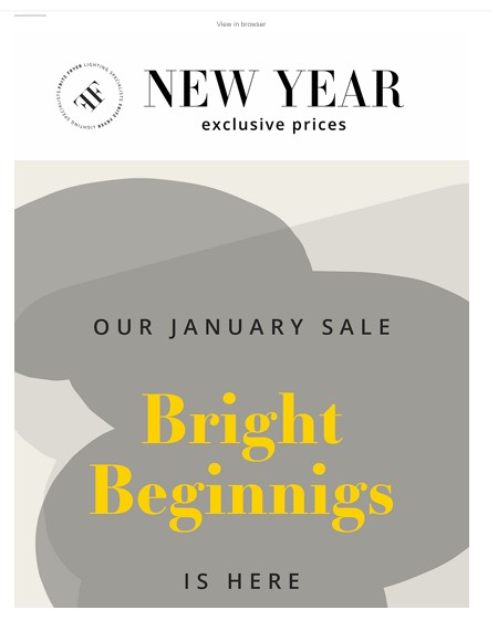 Collage of promotional email examples showing hero banner, product grid, and CTAs for Fritz Fryer January sale.