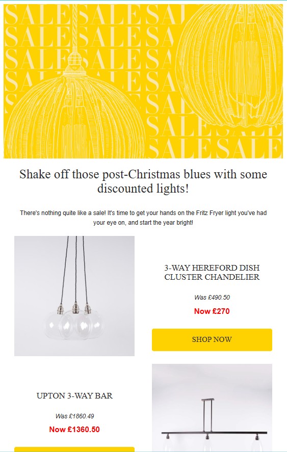 Collage of promotional email examples showing hero banner, product grid, and CTAs for Fritz Fryer January sale.